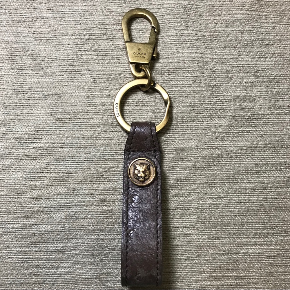 Gucci Tiger Keychain in Brass and Ostrich Leather
